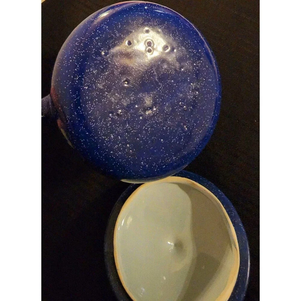 Vintage Blue Ceramic Crock Bowl with Handle & Lid